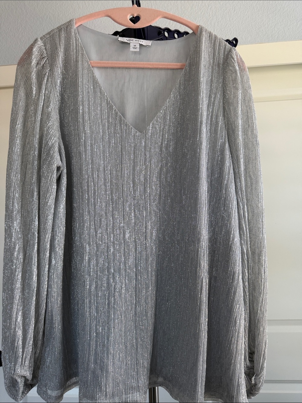 Nine West Silver Metallic V-Neck Long Sleeve Dress